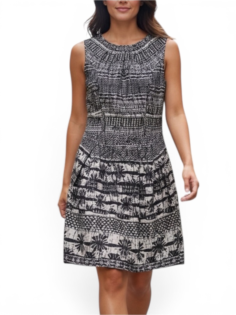 Shasa Dress Size Large Sleeveless Geometric Black Ivory USA Career Classic Comfy